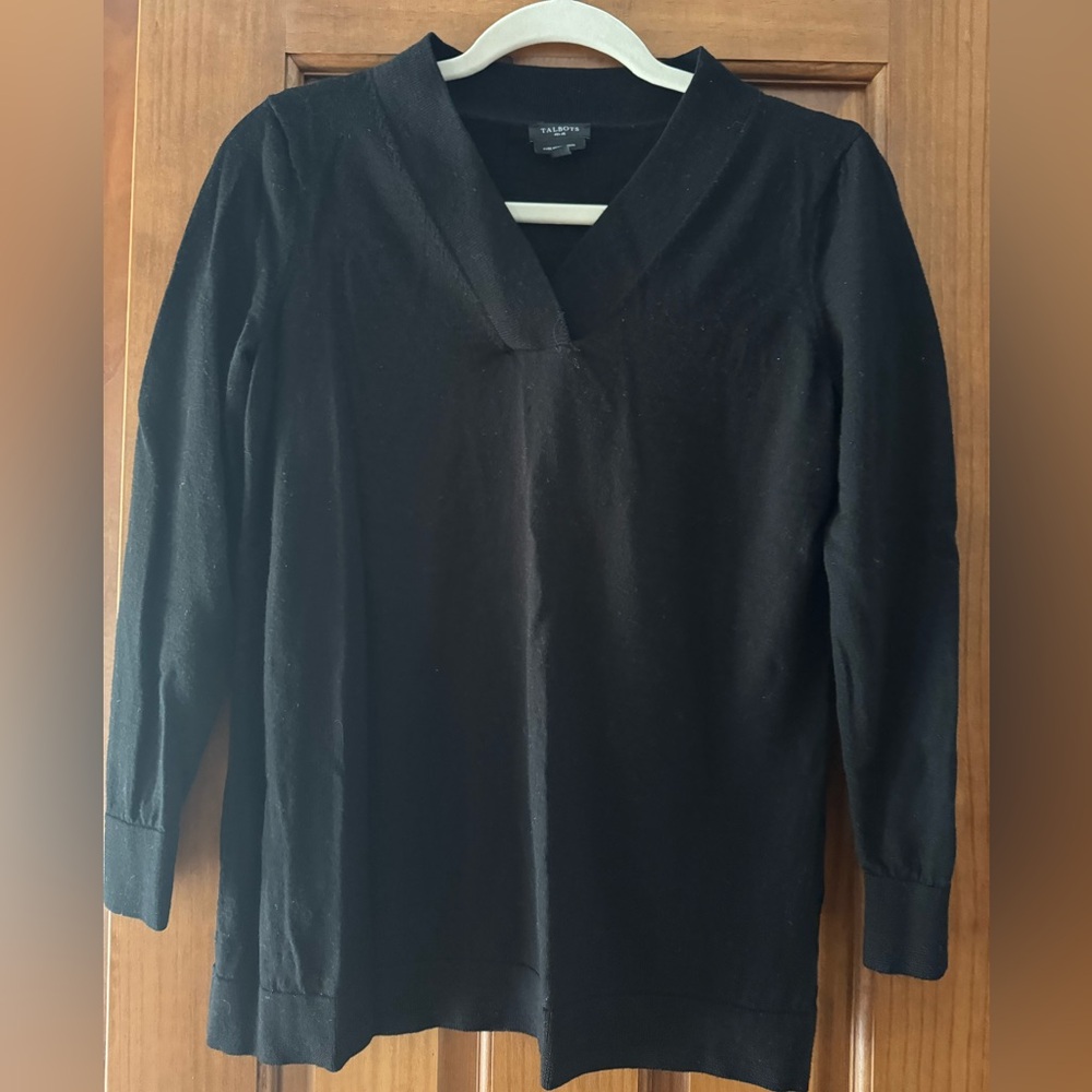 Talbots V-Neck Sweater Women’s Petite Small Black 100% Wool Office Casual